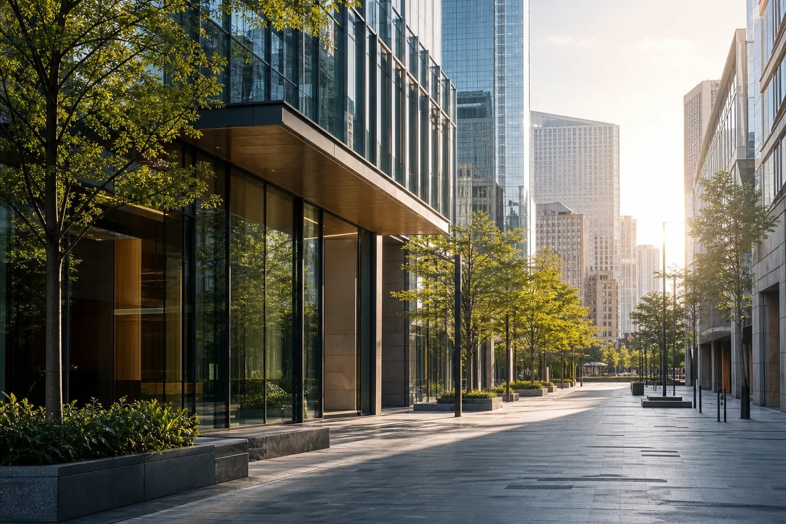 Calm Australian commercial street with glass office façades and soft morning light, suggesting professional agency auction campaign preparation