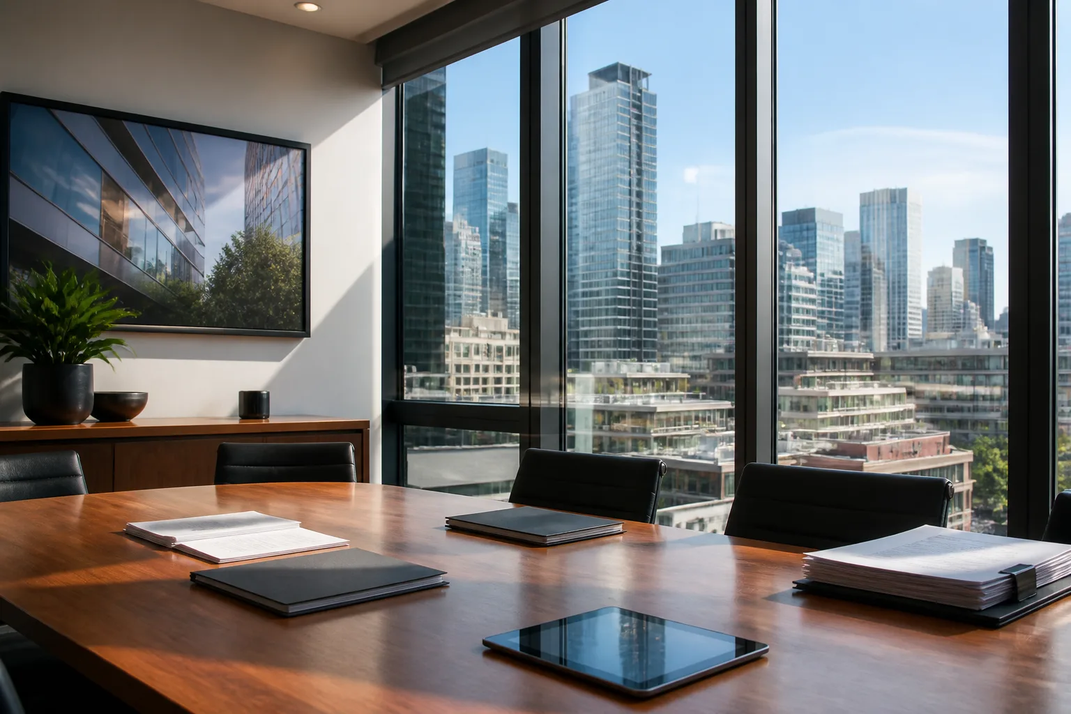 Modern real estate agency office with a conference table and city skyline view, suggesting auction campaign preparation