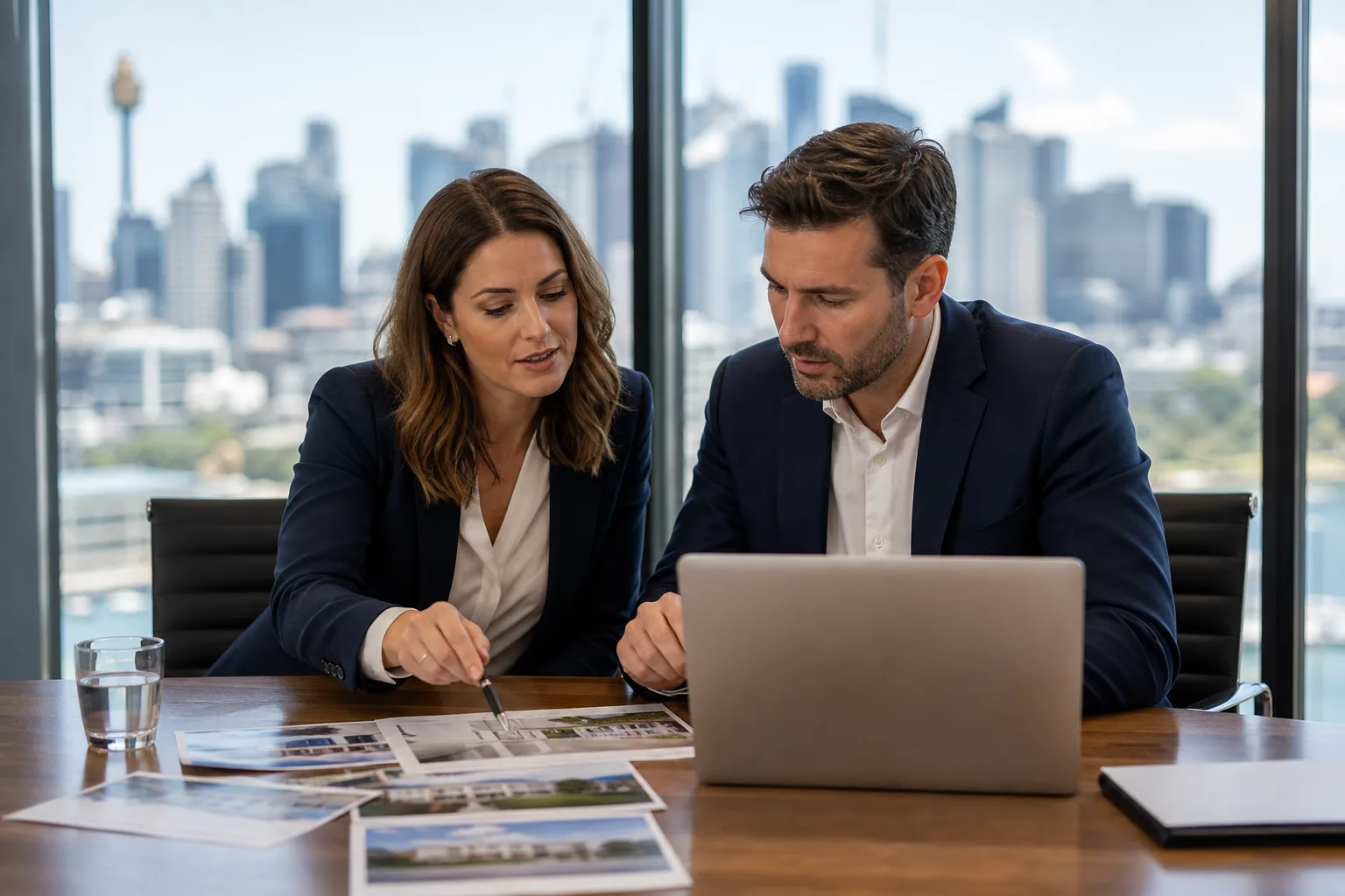 Two property professionals reviewing listing documents at a modern office table with a city skyline beyond the window
