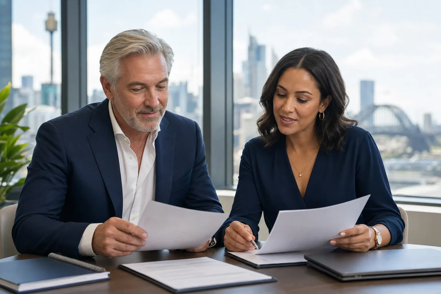 Two NSW property professionals reviewing training documents together in a Sydney office