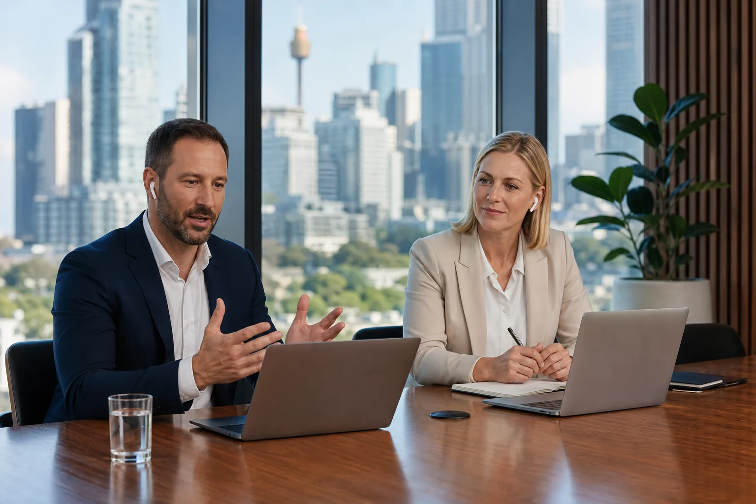 Two property professionals at a conference table with laptops during an interactive CPD training day in a modern office overlooking a city skyline
