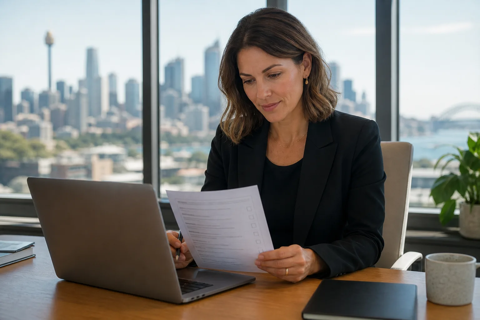 Property professional at a modern office desk reviewing training records on a laptop beside a city skyline window