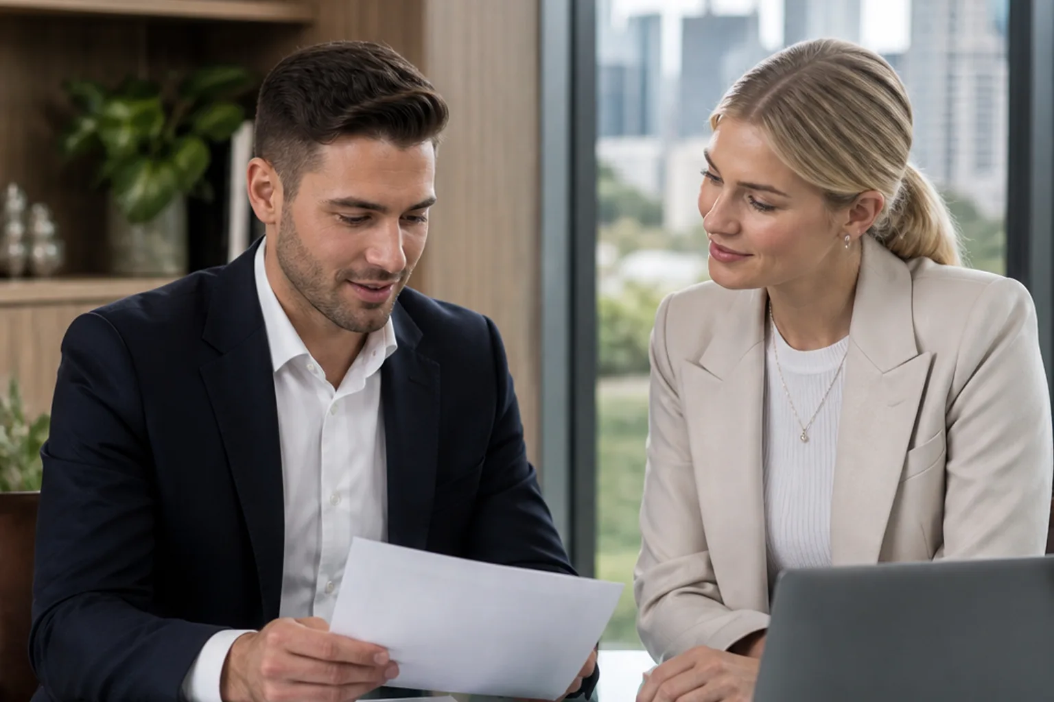 Two property professionals reviewing documents across a bright office table with soft city light through tall windows