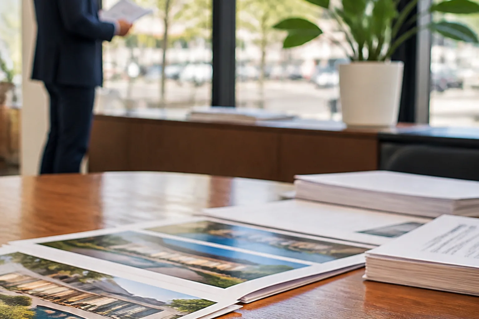 Modern NSW agency desk with property listing files and notes beside a window overlooking a soft-focus commercial street