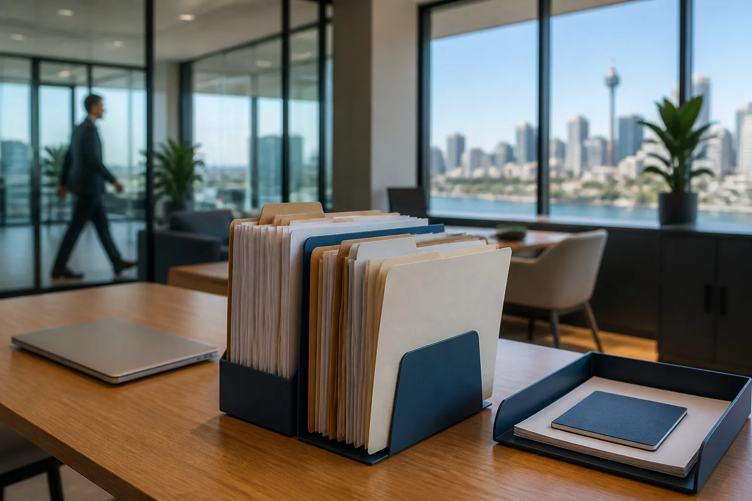 Organised CPD folders and documents on a modern real estate agency desk beside a laptop, with a soft city skyline through the office window