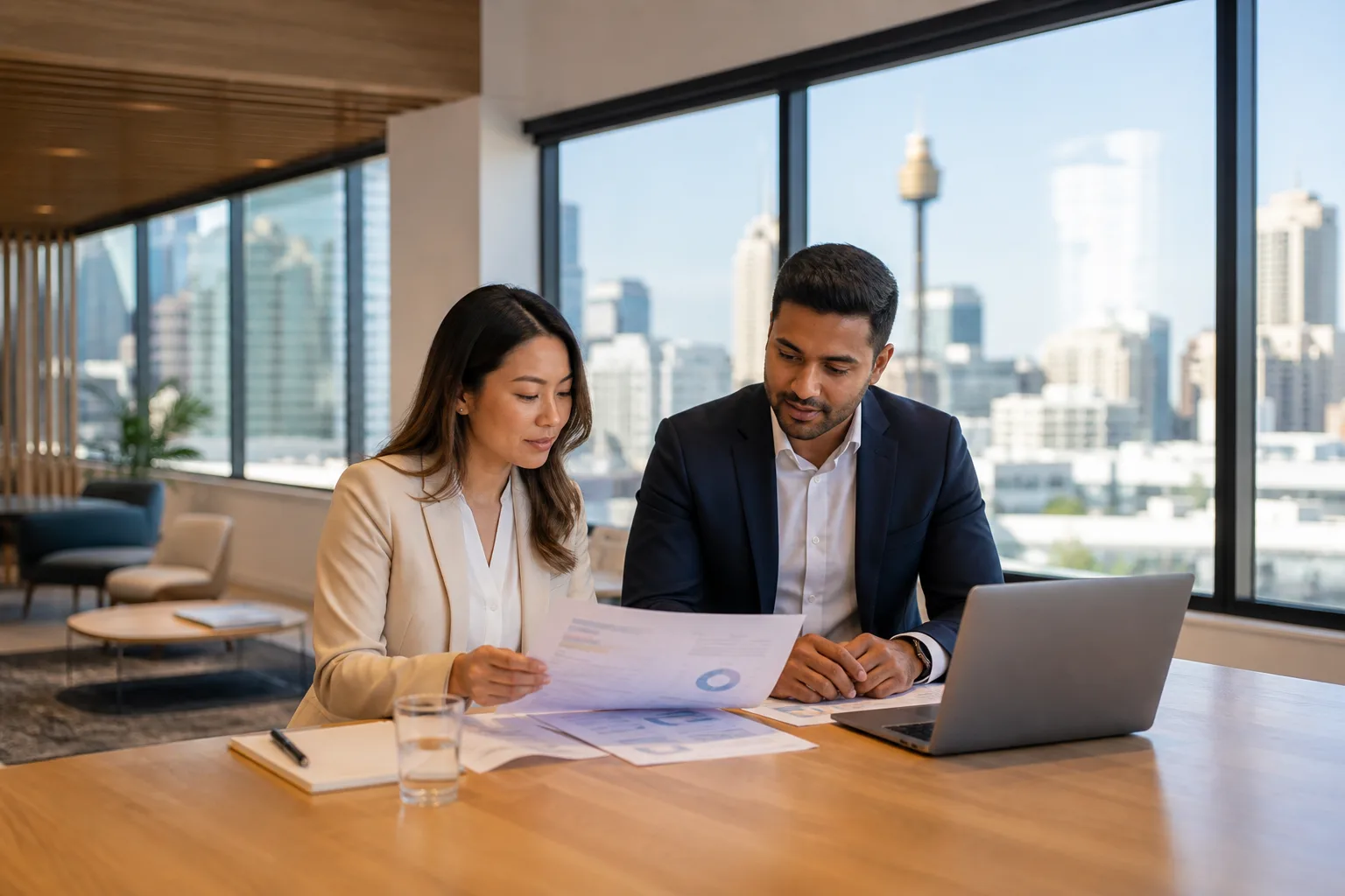 Two property professionals reviewing CPD training documents together in a modern Sydney office