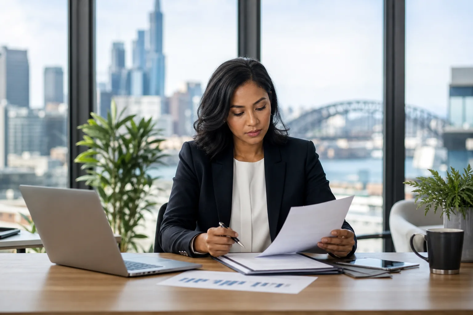 Professional in a modern office reviewing documents near a city skyline window