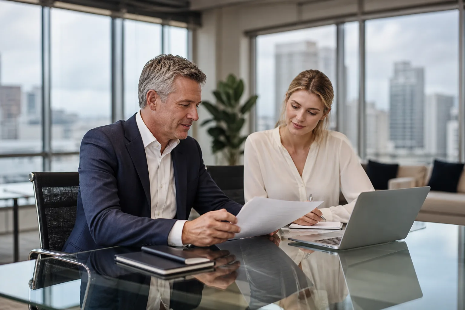 Licensee in Charge reviewing training documents with a colleague in a modern NSW real estate office