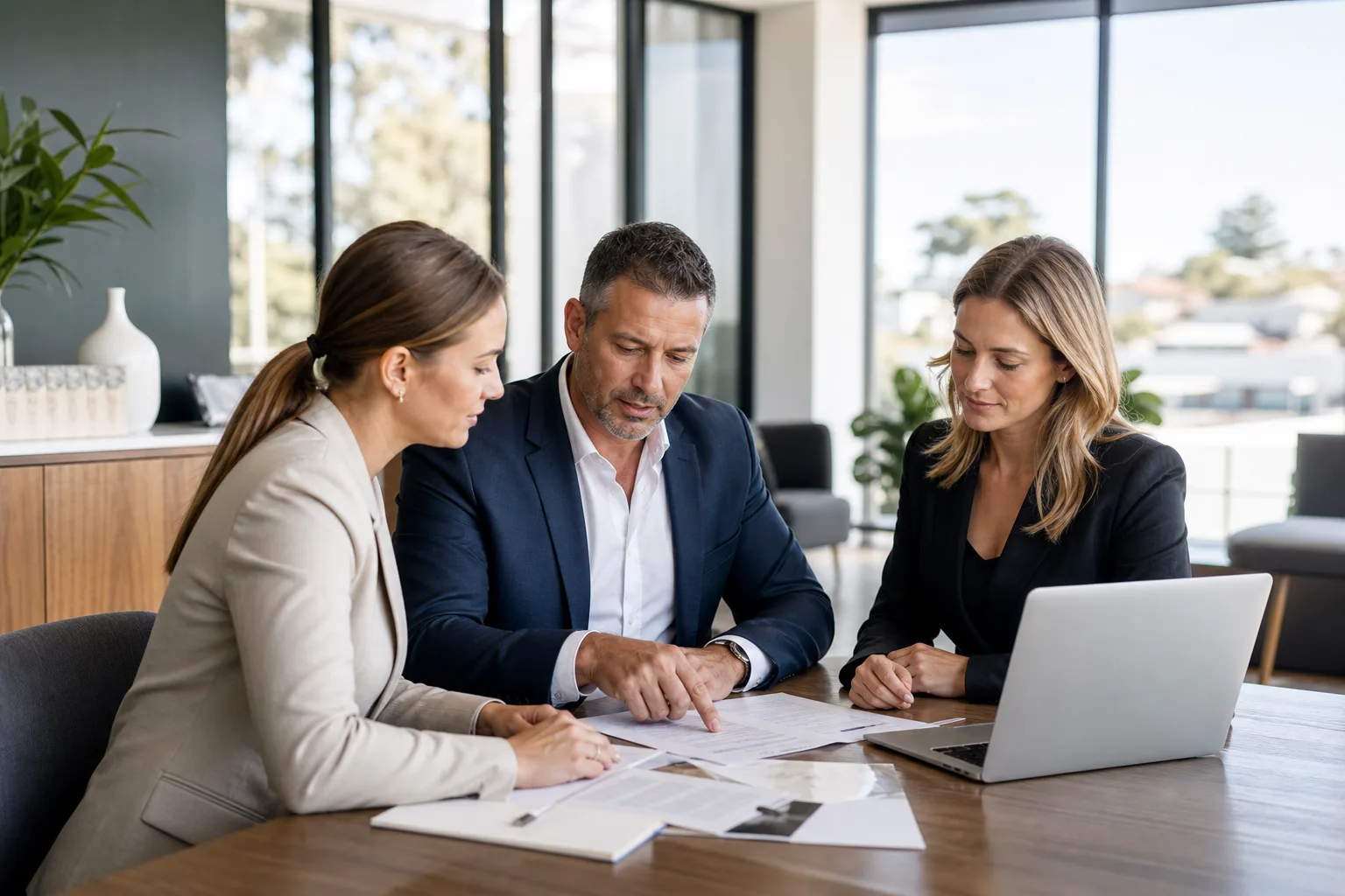 Licensee in Charge and colleagues reviewing documents in a modern real estate office