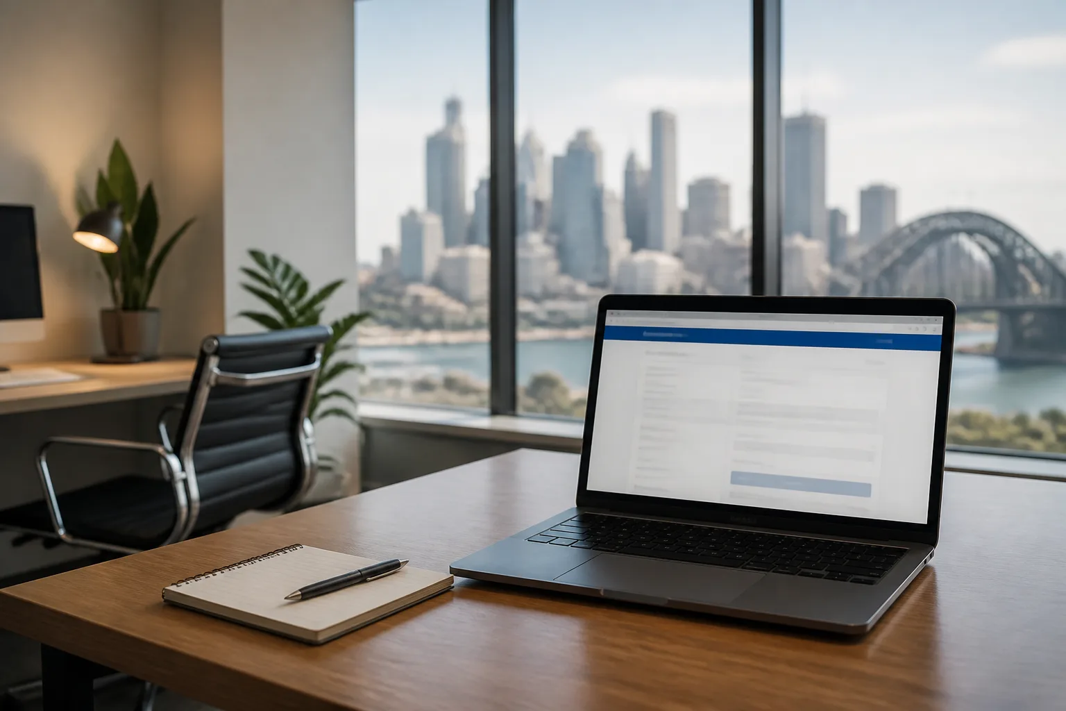 Modern real estate office desk with a laptop open to online forms and a soft Sydney city skyline beyond the window