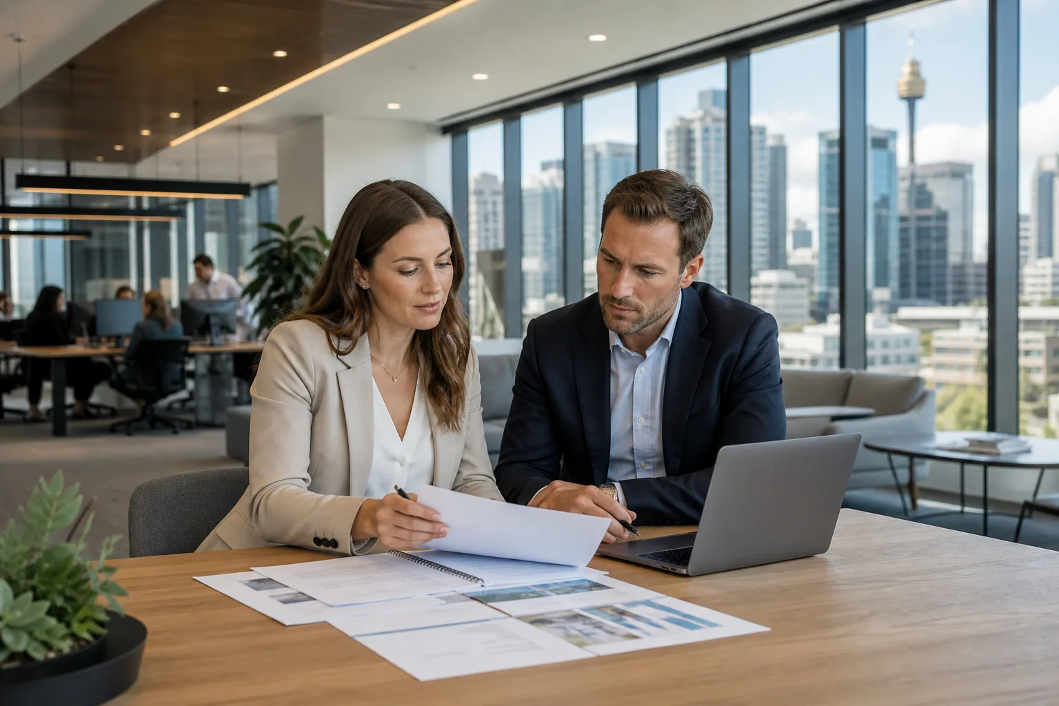 Two property professionals reviewing compliance documents in a modern NSW real estate office