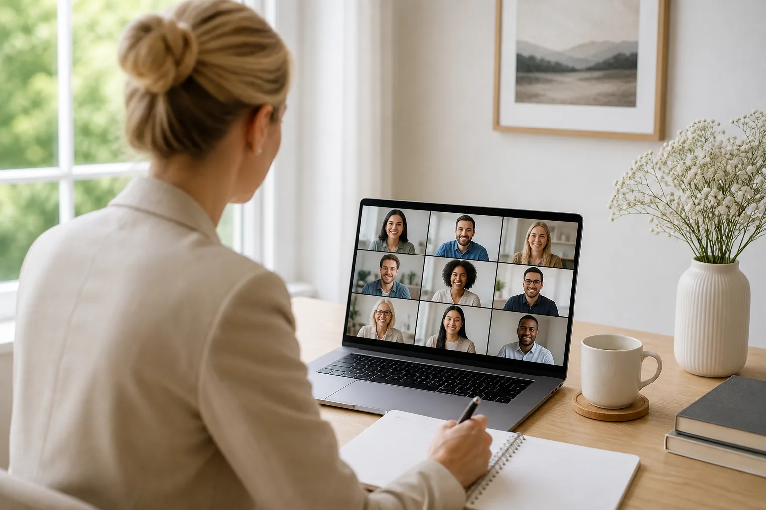 NSW real estate agent joining a live interactive CPD webinar on a laptop in a bright home office