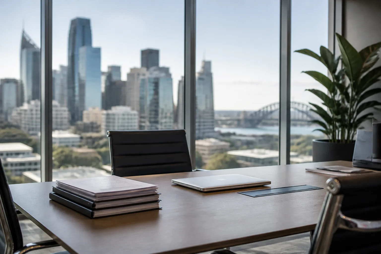 Quiet modern Sydney office meeting room with documents on a desk and soft city light through large windows