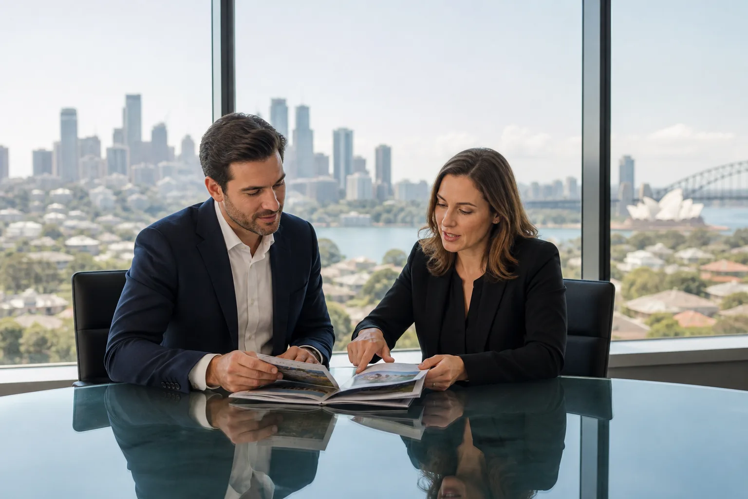 Two property professionals reviewing documents together at a modern office table with a city skyline beyond the windows