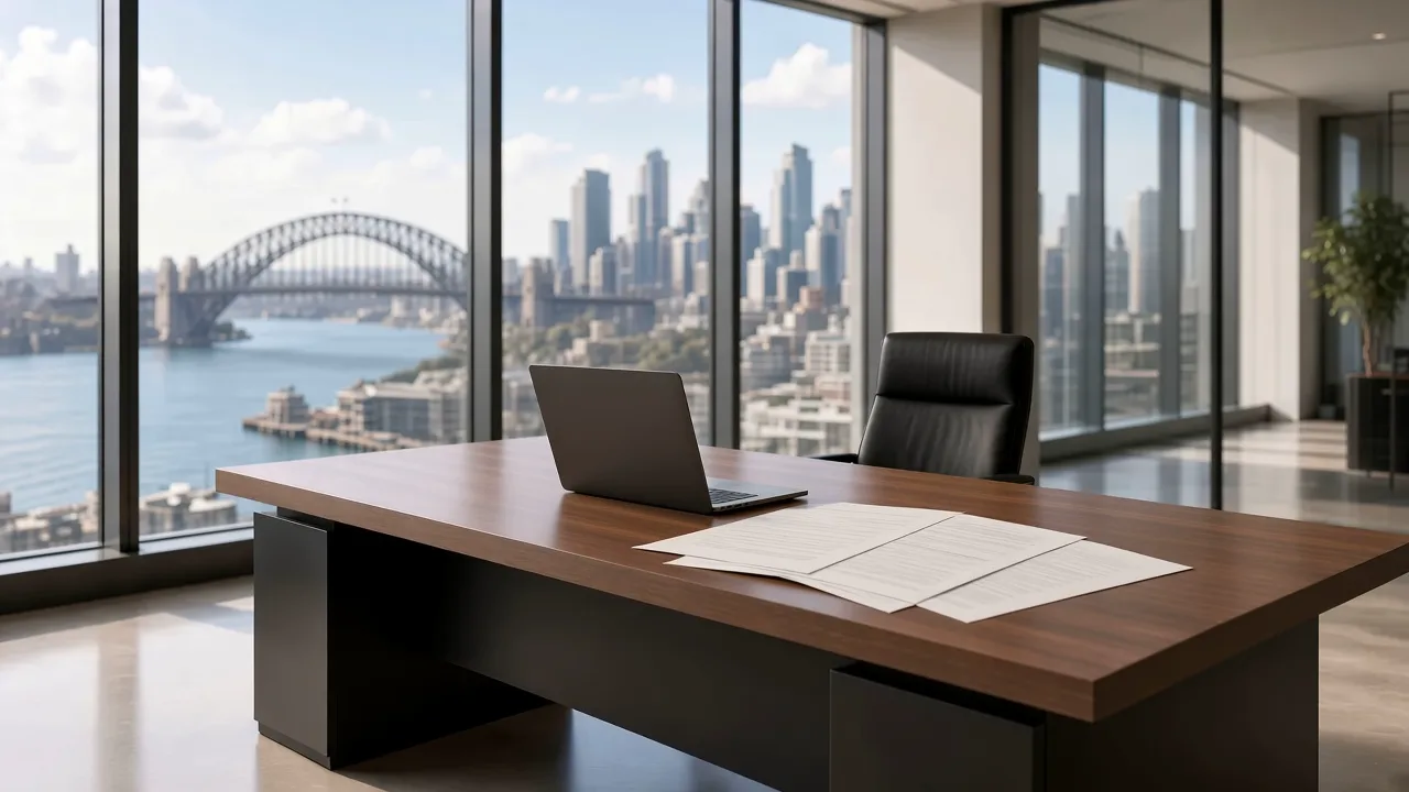 Printed course outlines fanned out on a tidy agency desk beside an open laptop in soft daylight