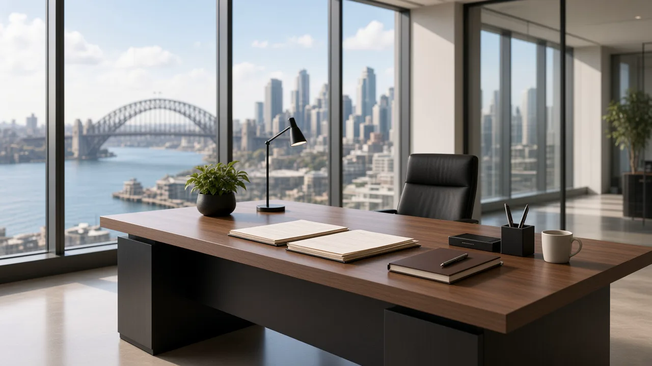Close-up of a modern Sydney CBD office desk with documents and folders, harbour and skyline visible through the windows behind