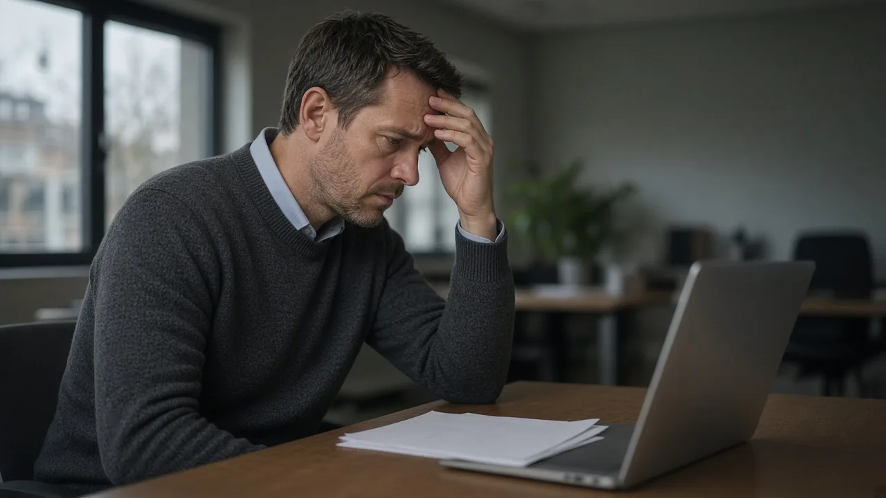 A real estate agent seen side-on at an agency desk, hand on forehead, looking at a laptop and papers in overcast evening light