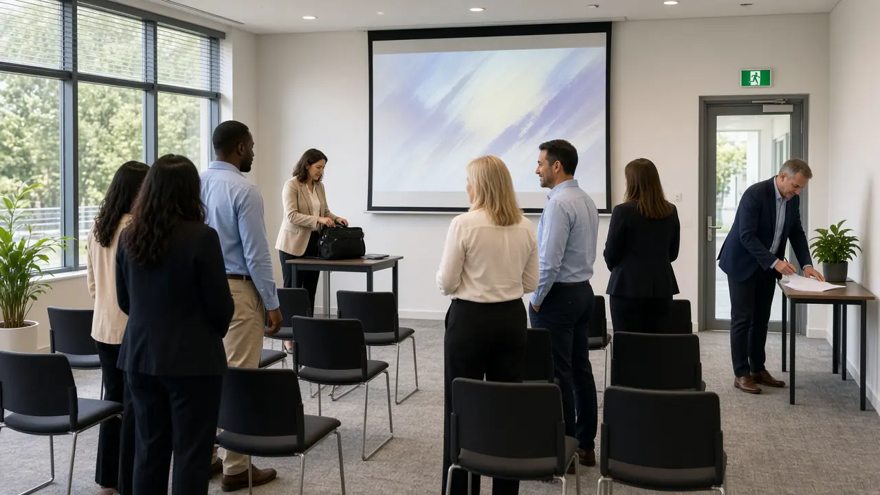 Agents finishing a face-to-face CPD session, one signing out at an attendance table by a training room door