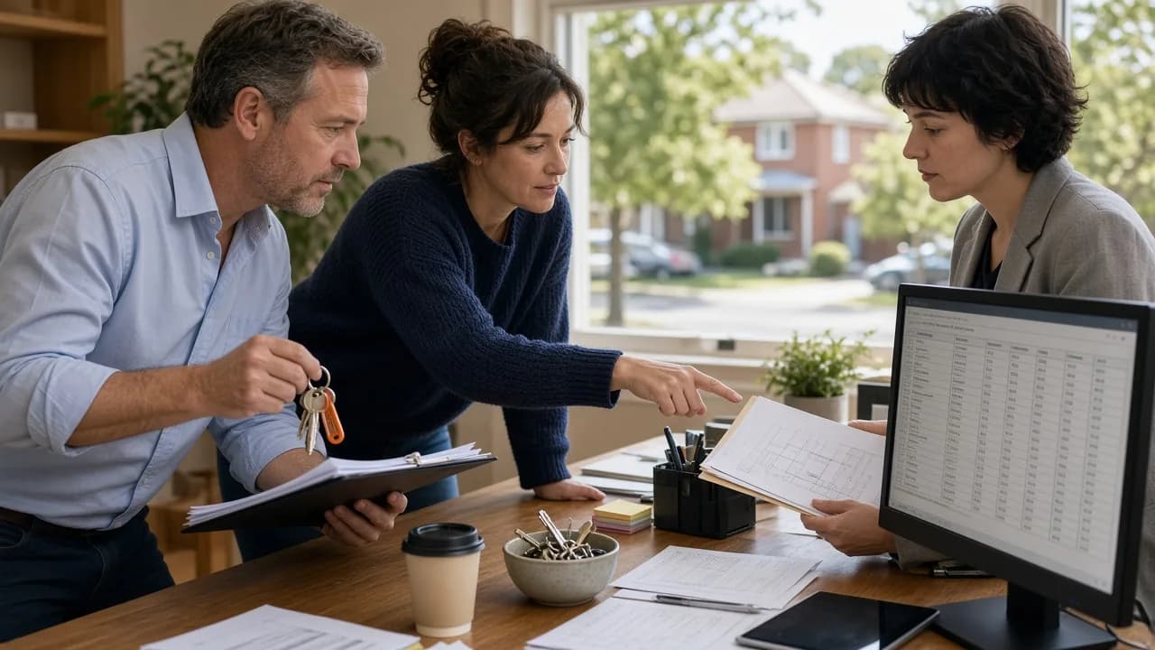 NSW residential property managers reviewing tenancy and CPD notes in a property management office