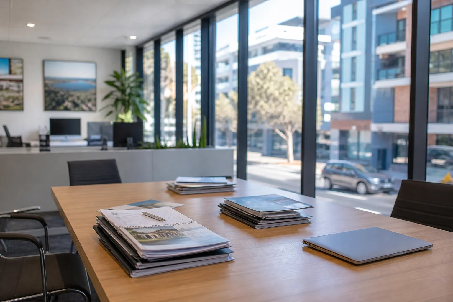 Modern NSW real estate agency meeting table with property files beside a window overlooking a commercial street