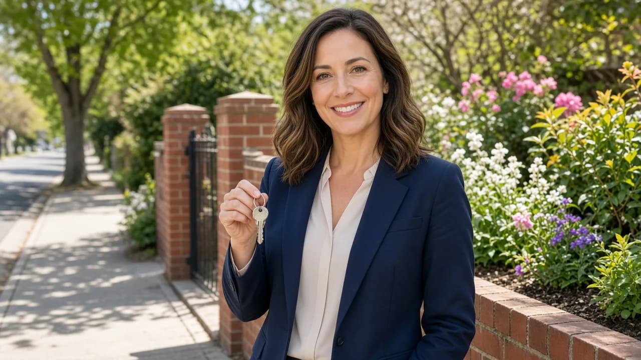 Real estate agent standing at the front gate of a house holding a set of property keys on a sunny spring morning