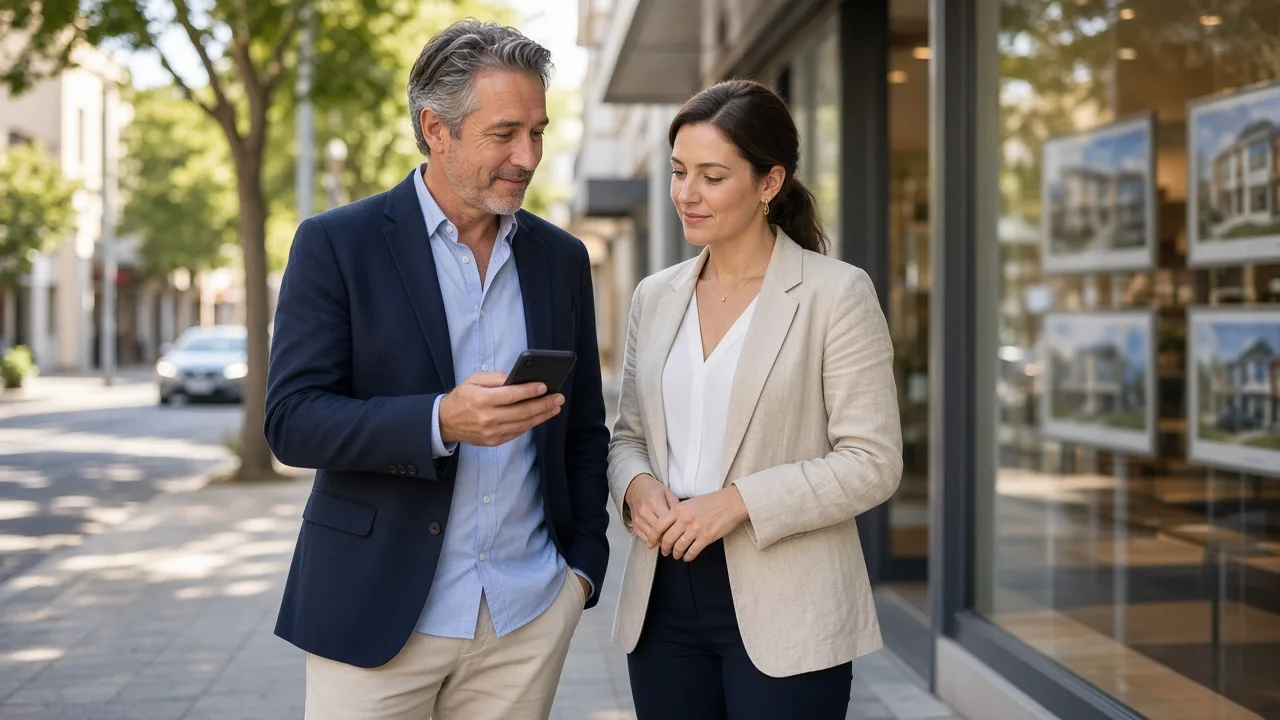 Two NSW real estate colleagues, a man in his 50s and a younger woman, standing on a suburban footpath beside an agency window display, one holding a phone as they compare diaries in daylight